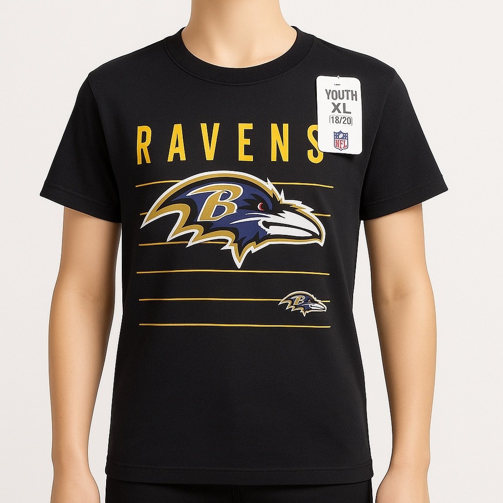 Baltimore Ravens‎ Youth XL 18/20 NFL T-Shirt Black Graphic Tee Three Dimensional